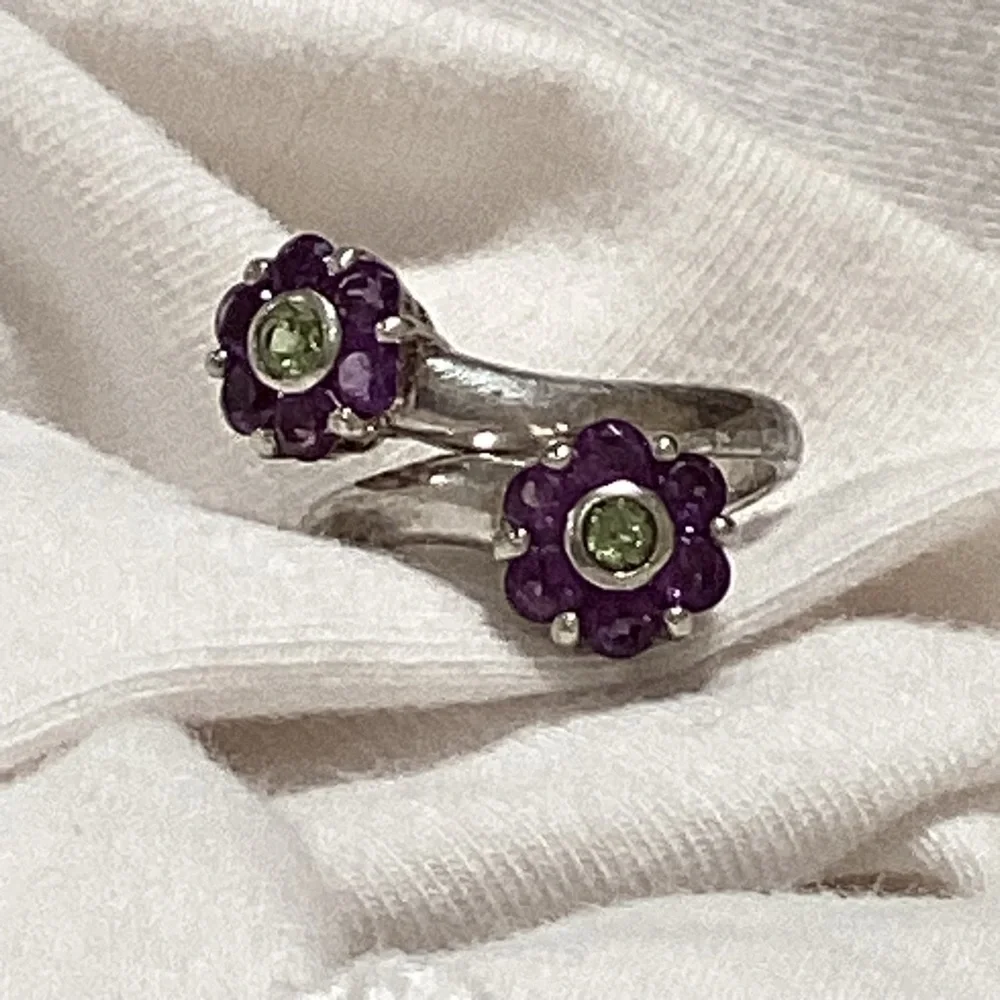 925 silver double flower Ring from Thailand💜💚vintage 70s